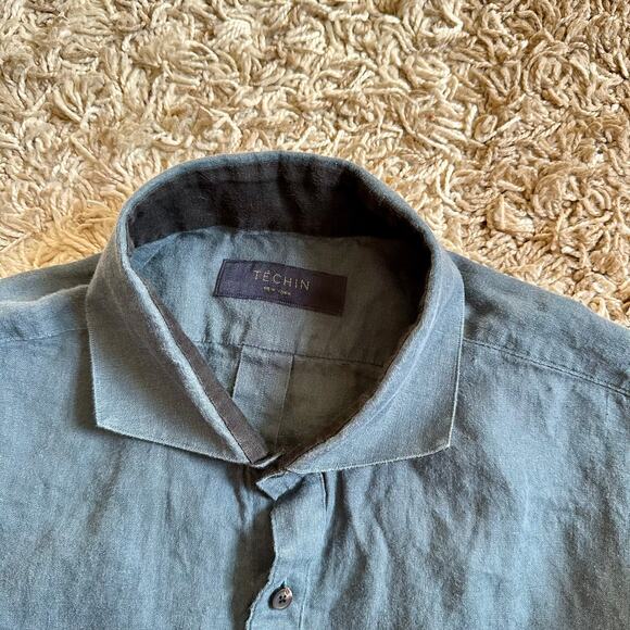 Techin New York Navy Linen Short Sleeve Button Up Shirt Made in USA Mens Size M - Picture 7 of 10